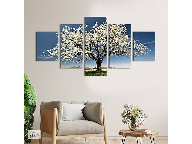 Модульная картина из 5 частей на холсте KIL Art Весеннее цветущее дерево 162x80 см (546-52)