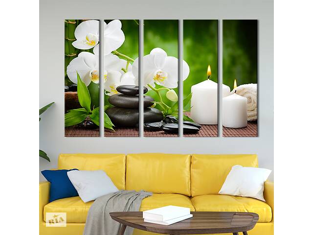 Модульная картина из 5 частей на холсте KIL Art Ветка белой орхидеи и свечи 132x80 см (67-51)