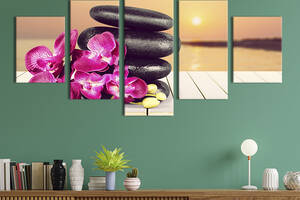 Модульная картина из 5 частей на холсте KIL Art Ветка пурпурной орхидеи и спа-камни 187x94 см (72-52)