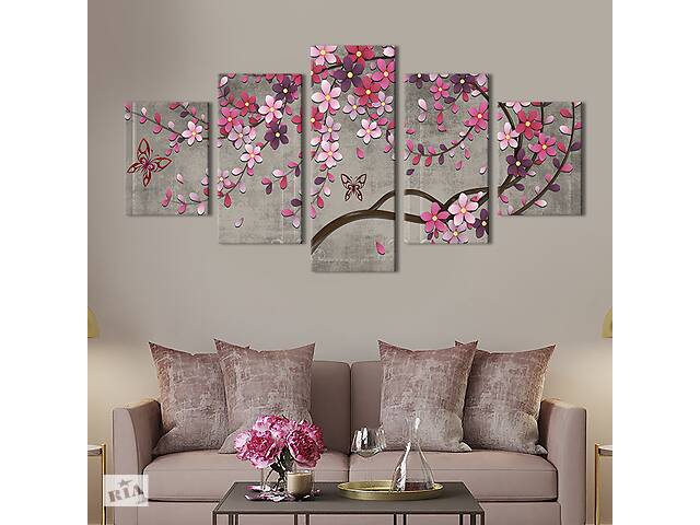 Модульная картина из 5 частей на холсте KIL Art Восточное дерево сакура 112x54 см (265-52)