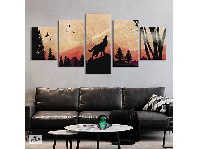 Модульная картина из 5 частей на холсте KIL Art Вой волка в лесу 112x54 см (MK53640)