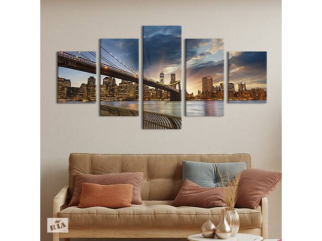 Модульная картина из 5 частей на холсте KIL Art Вид на вечерний Бруклинский мост 162x80 см (331-52)