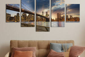 Модульная картина из 5 частей на холсте KIL Art Вид на вечерний Бруклинский мост 187x94 см (331-52)