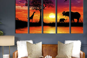 Модульная картина из 5 частей на холсте KIL Art Жираф и слоны на берегу озера 132x80 см (171-51)