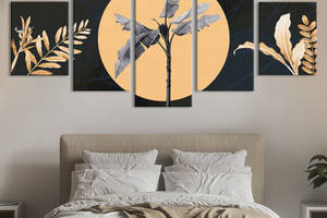 Модульная картина из 5 частей на холсте KIL Art Золотая Луна и растения 162x80 см (MK53617)
