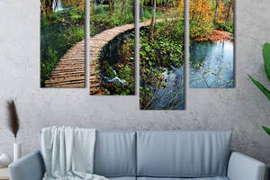 Модульная картина из четырех частей KIL Art Деревяный мостик над лесным прудом 89x56 см (550-42)