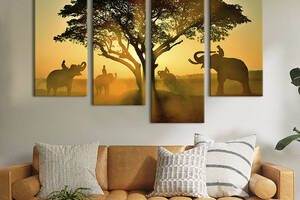 Модульная картина из четырех частей KIL Art Група слонов с погонщиками 129x90 см (173-42)
