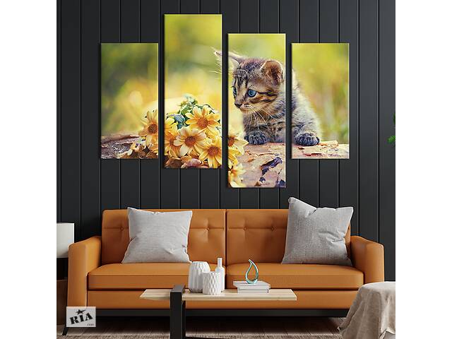 Модульная картина из четырех частей KIL Art Котёнок и цветы 129x90 см (152-42)