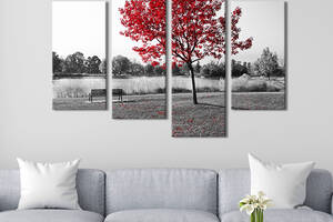 Модульная картина из четырех частей KIL Art Красное дерево и скамейка 89x56 см (588-42)