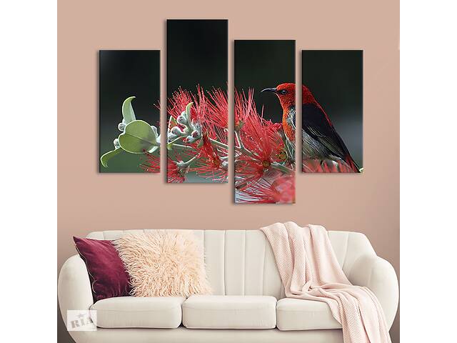 Модульная картина из четырех частей KIL Art Маленькая красно-чёрная птица 89x56 см (129-42)