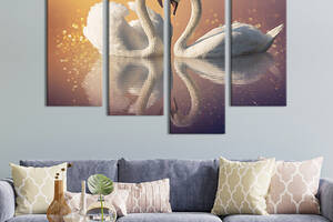 Модульная картина из четырех частей KIL Art Пара лебедей на сияющем озере 129x90 см (212-42)