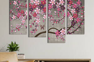 Модульная картина из четырех частей KIL Art Сакура и красные бабочки 129x90 см (265-42)