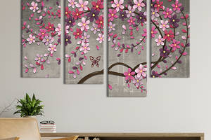 Модульная картина из четырех частей KIL Art Сакура и красные бабочки 89x56 см (265-42)