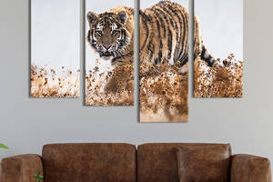 Модульная картина из четырех частей KIL Art Тигр среди рыжих цветов 129x90 см (183-42)