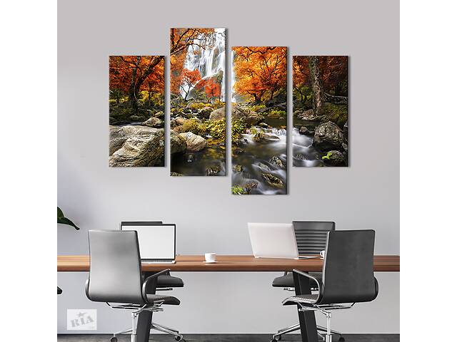 Модульная картина из четырех частей KIL Art Водопад в оранжевом лесу 149x106 см (586-42)
