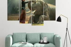 Модульная картина из четырех частей в гостиную спальню для интерьера Девушка и слон KIL Art 129x90 см (M4_L_593)