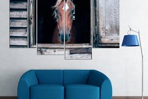 Модульная картина из четырех частей в гостиную спальню для интерьера Лошадь в стойле KIL Art 129x90 см (M4_L_603)