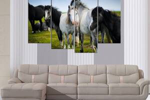 Модульна картина з чотирьох частин у вітальню для інтер'єру Домашні коні KIL Art 129x90 см (M4_L_608)
