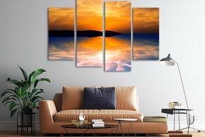 Модульна картина з чотирьох частин у вітальню спальню для інтер'єру Захід сонця над морською гладдю KIL Art 129x90 см (M4_L...