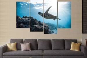 Модульна картина із чотирьох частин у вітальню спальню для інтер'єру Черепаха під водою KIL Art 129x90 см (M4_L_618)