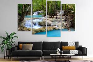 Модульна картина з чотирьох частин у вітальню для інтер'єру Лісовий водоспад KIL Art 129x90 см (M4_L_646)