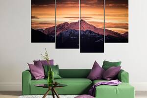 Модульна картина з чотирьох частин у вітальню спальню для інтер'єру Гірський пік на заході сонця KIL Art 129x90 см (M4_L_654)