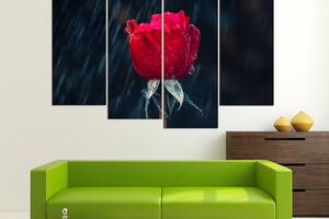 Модульна картина з чотирьох частин у вітальню спальню для інтер'єру Червона троянда під дощем KIL Art 89x56 см (M4_M_581)