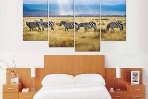 Модульная картина из четырех частей в гостиную спальню для интерьера Стадо африканских зебр KIL Art 89x56 см (M4_M_587)