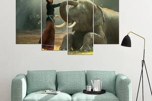 Модульная картина из четырех частей в гостиную спальню для интерьера Девушка и слон KIL Art 89x56 см (M4_M_593)