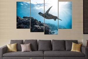 Модульна картина з чотирьох частин у вітальню для інтер'єру Черепаха під водою KIL Art 89x56 см (M4_M_618)