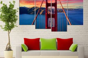 Модульна картина з чотирьох частин у вітальню спальню для інтер'єру Міст Золоті Ворота на заході сонця KIL Art 89x56 см (...