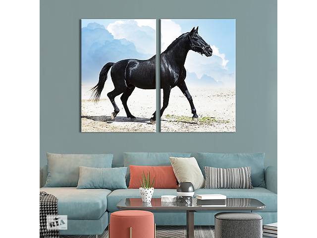 Модульная картина из двух частей KIL Art Черная лошадь угольного цвета бежит по белой поверхности 111x81 см