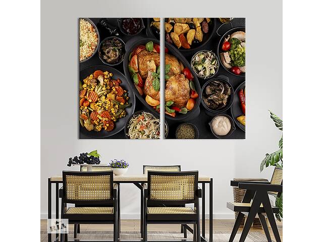 Модульная картина из двух частей KIL Art Черный стол с едой в черной посуде 111x81 см (1640-2)