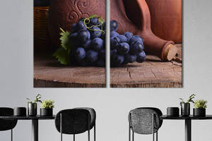 Модульная картина из двух частей KIL Art Деревянная поверхность с сосудом для вина и виноградом 111x81 см