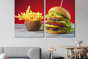 Модульная картина из двух частей KIL Art Двойной гамбургер с овощами сыром и картошка фри 111x81 см (1541-2)