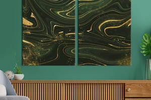 Модульная картина из двух частей KIL Art Диптих Тёмно зелёный мрамор с золотым узором 111x81 см (1026-2)