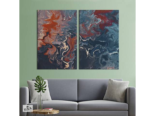Модульная картина из двух частей KIL Art Диптих Темные разводы серо-синего и красно-оранжевого 165x122 см (1134-2)