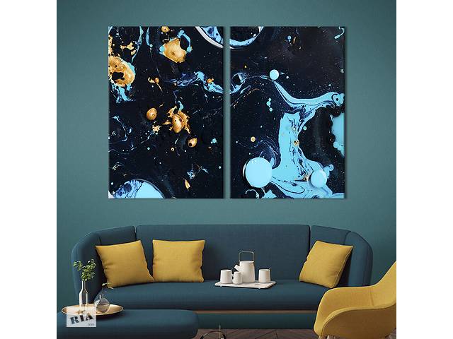 Модульная картина из двух частей KIL Art Диптих Яркие голубые разводы с золотистыми пятнами на черном 71x51 см (1208-2)