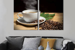 Модульная картина из двух частей KIL Art Цельные кофейные зерна на столе с чашкой готового кофе 111x81 см
