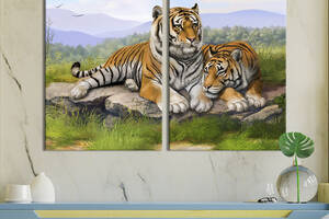 Модульная картина из двух частей KIL Art Тигры лежащие рядом на природе 111x81 см (1704-2)