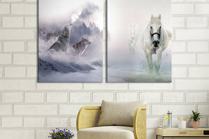 Модульная картина из двух частей KIL Art Воющие волки в горах и бегущие лошади 111x81 см (1712-2)