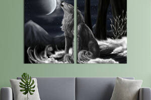 Модульная картина из двух частей KIL Art Воющий волк на фоне месяца 71x51 см (1695-2)