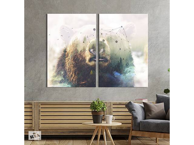 Модульная картина из двух частей KIL Art Изображение леса силуэтом медведя на светлом фоне 165x122 см (1732-2)