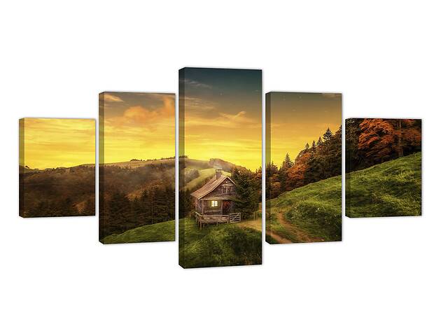Модульная картина из пяти частей KIL Art Пейзаж домик в горах и рассвет солнца 162x80 см (m52_45)