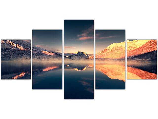 Модульная картина из пяти частей KIL Art Пейзаж снежных гор с озером и восходом солнца 162x80 см (m52_47)