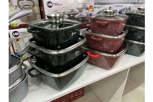 Набір каструль Higher Kitchen HK-302 колір ЧЕРВОНИЙ та ЧОРНИЙ з гранітним антипригарним покриттям