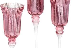 Набор 3 стеклянных подсвечника Preeti 30см, 35см, 40см, розовый с серебром