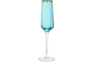 Набор 4 фужера Monaco Ice бокалы для шампанского 200мл, стекло голубой лед с золотым кантом
