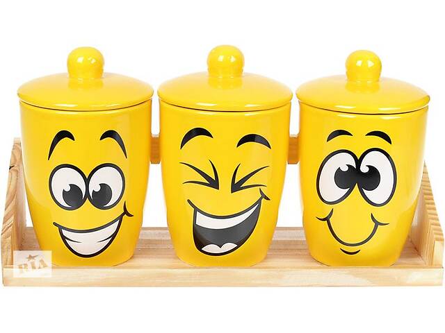 Набор банок керамических 'Funny Smile' 650мл на деревянной подставке