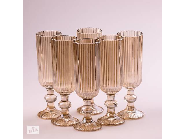 Набор бокалов Lugi для шампанского фигурных прозрачных ребристых из толстого стекла 6 штук tea color (HP7116TC)